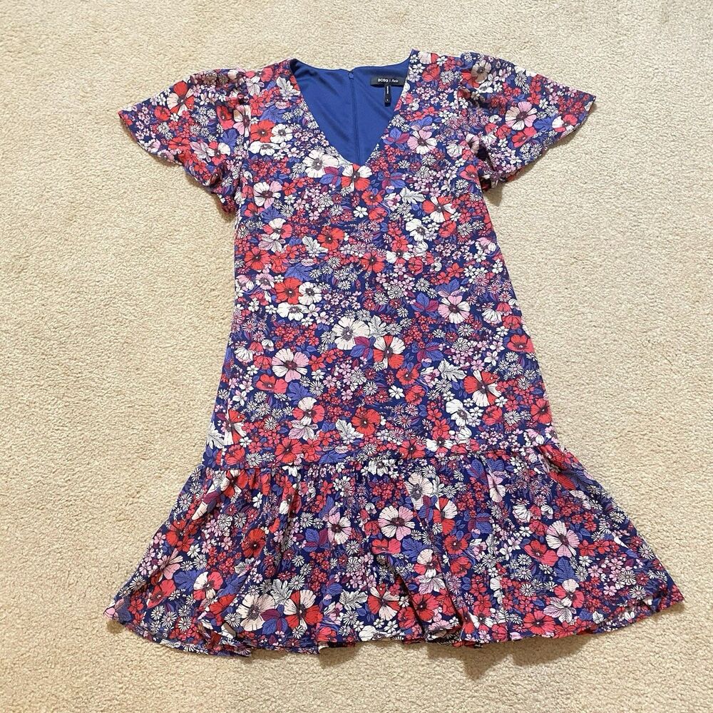 BCBG Paris Floral Mini Dress Women’s S Blue Red V-Neck Flutter Sleeve Ruffle